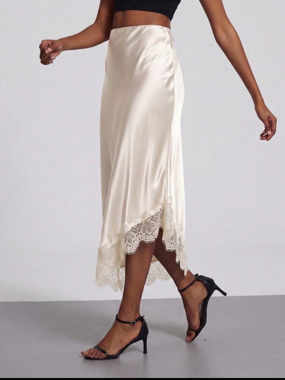 Satin Lace-Trim Asymmetrical High Rise Midi Skirt - Black - Picture 12 of 15